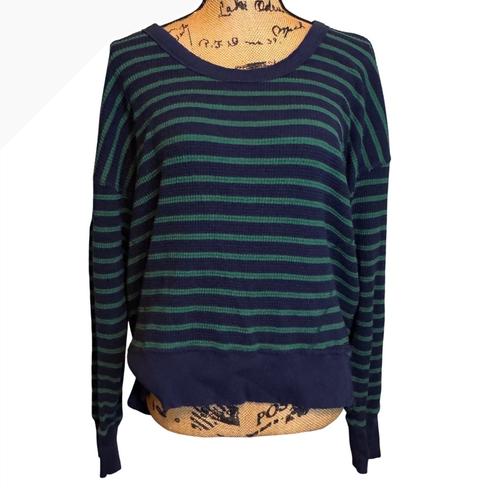 Offline Aerie Womens Striped Gorpcore Waffle Knit Thermal Top Blue Green Small